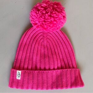 UGG Bright Pink Hue Ribbed Knit Chic Plush Pompom Beanie Hat